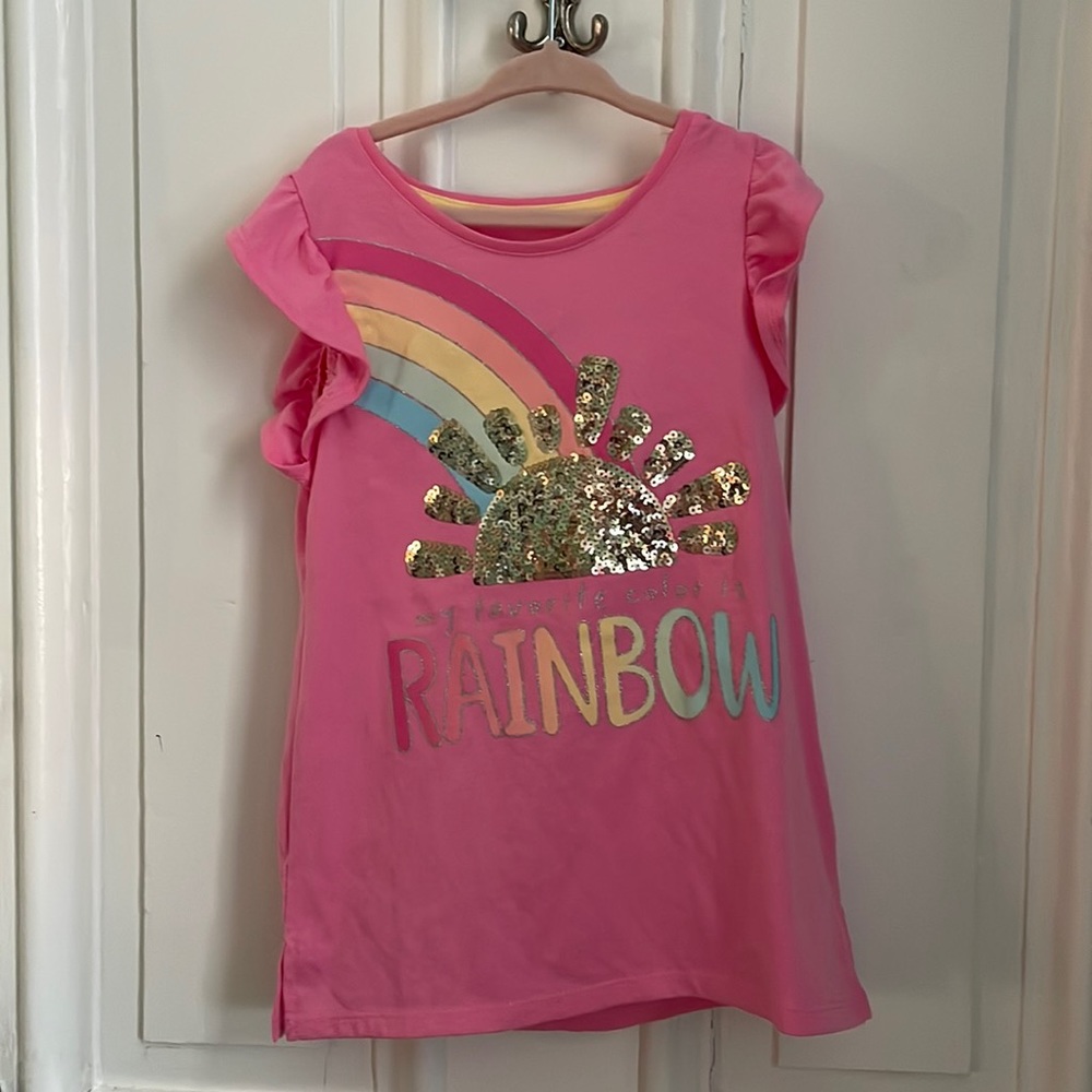 NWT Isaac Mizrahi Girls Pink Tee Rainbow Sequins Size 7/8 M